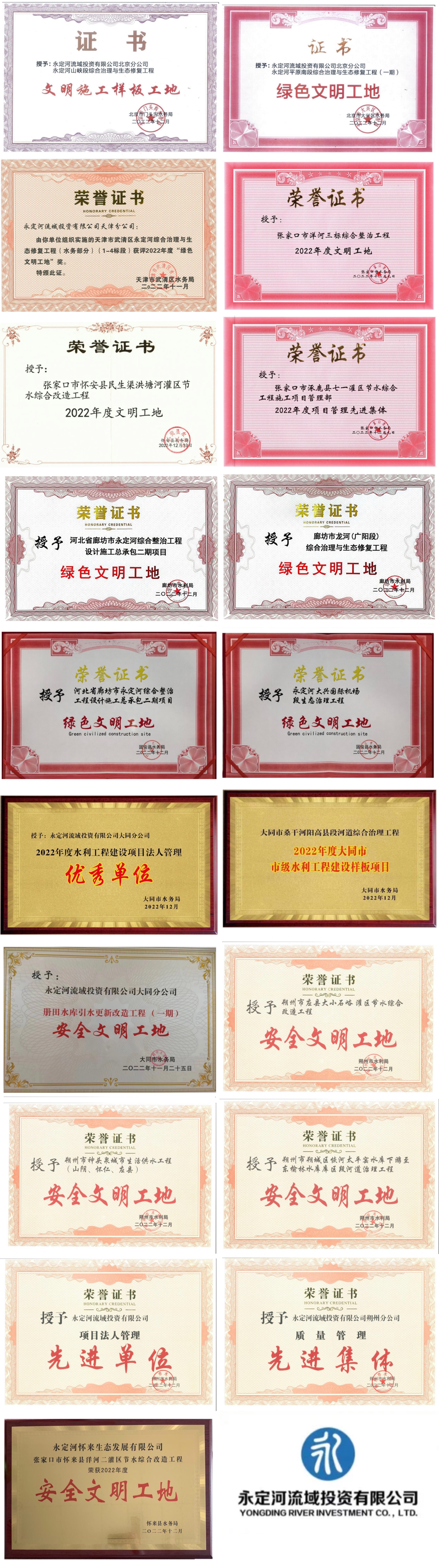 永定河投資公司19個項目獲評綠色文明工地和先進管理單位